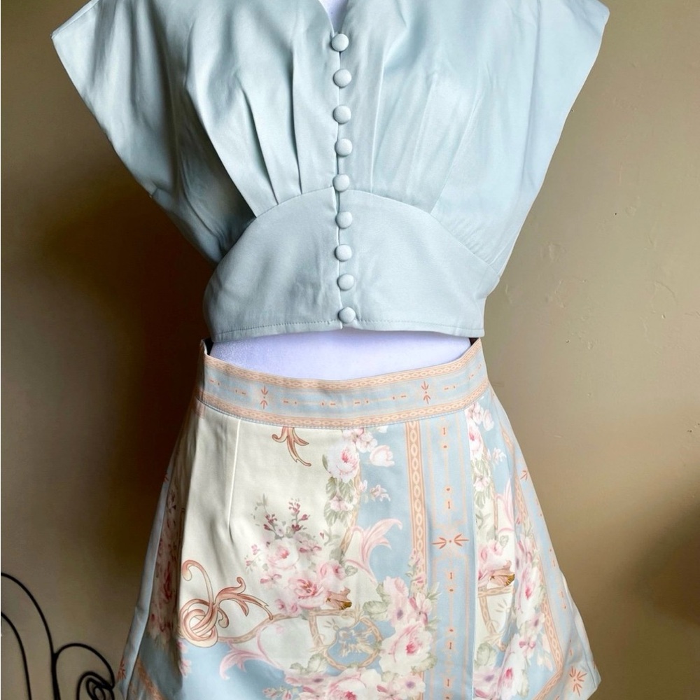 Floral Pastel A-Line Skirt - Light Blue and Cream